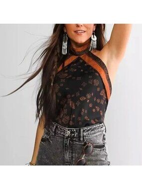 Free People Medium One 1 Thing Bodysuit Brown Black Festival Boho Concert